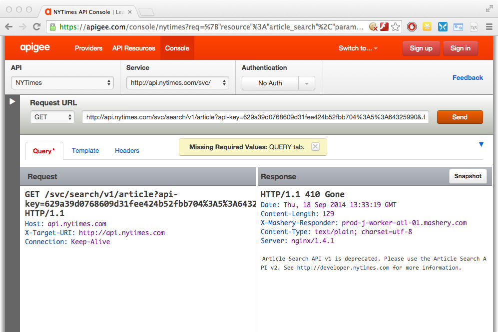 Apigee Console screenshot. As you can see, its description of the NYT Article Search API v1 is already deprecated.